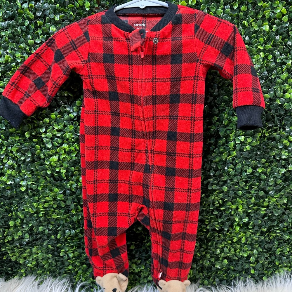 Carter's Red and Black Plaid Footies with bear face